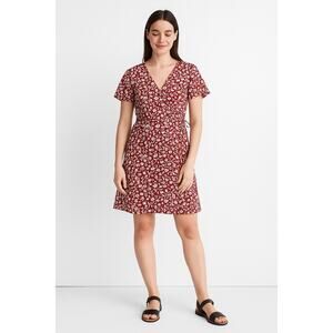 Madewell Wrap Dress Sz S Red Floral Cotton Short Sleeve V-Neck Casual Cottage